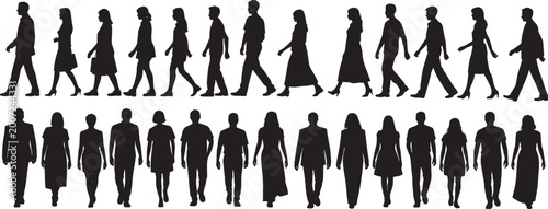 Men and women walking side and front poses. Walking silhouette set, vector illustrations