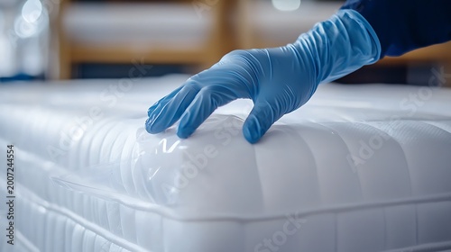 Gloved hand inspecting new mattress packaging for quality control.