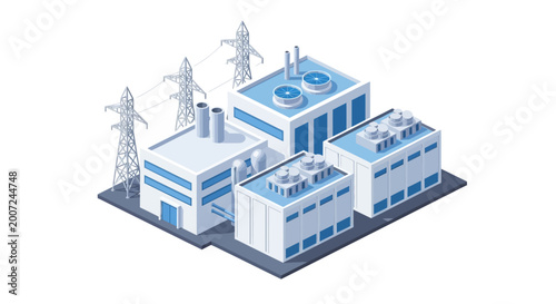 Modern industrial complex isometric illustration factories, power lines, and cooling towers, symbolizing energy production, manufacturing, and technological progress