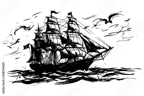 Bild auf Leinwand Vintage nautical ship illustration, black ink sketch of a tall sailing vessel on