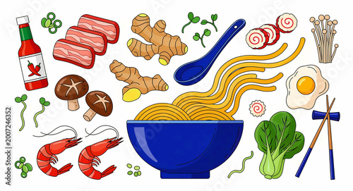 Ramen noodle bowl with assorted fresh ingredients in a colorful vector illustration. Elements include shrimp, pork belly, ginger, and mushrooms. Japanese food concept for menu design and blogs.