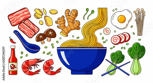 Ramen noodle bowl surrounded by fresh ingredients like shrimp, ginger, and mushrooms. Colorful vector illustration of Asian cuisine elements. Ideal for restaurant menus and culinary marketing.