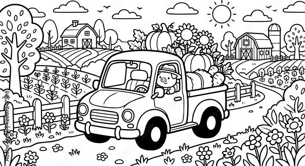 Obraz premium Coloring page with a farm truck full of pumpkins on a country road