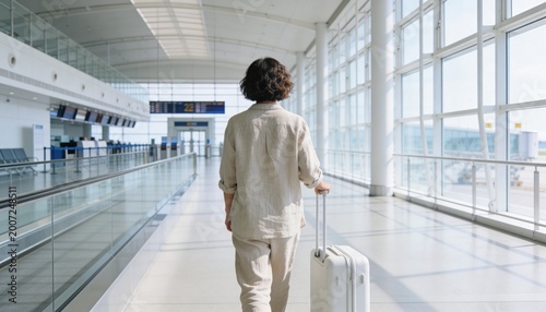 Woman walking through a modern airport terminal with a white suitcase. Rear view of female traveler in a bright departure hall. Travel and vacation concept