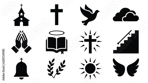Fotografie Collection of clean minimalist black icons representing faith spirituality and r