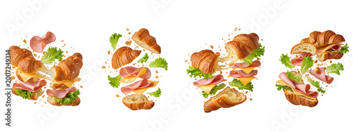 Floating croissant sandwiches with ham, cheese, and lettuce on black