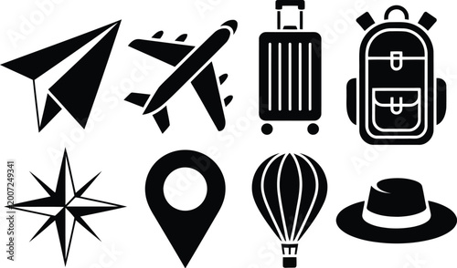 Travel icons set paper airplane plane suitcase car compass and more