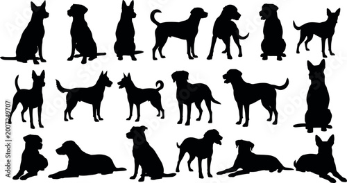 Foto Black silhouettes of eighteen diverse dogs in various poses including sitting, s