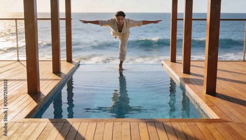 Obraz premium Man practicing yoga balance pose on a wooden deck by the ocean. Wellness and mindfulness concept at a luxury resort during golden hour. Male in linen clothes doing warrior pose over pool