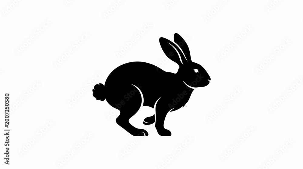 Obraz premium Black silhouette of a running rabbit against a white background.