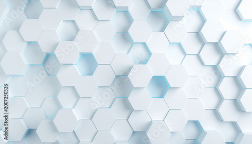 Abstract white geometric background pattern with glowing blue hexagon tiles and futuristic structure.