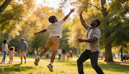 African American father and son playing with a flying disc in a sunlit park. Young boy jumping mid-air to catch the toy. Active family lifestyle and outdoor recreation during golden hour
