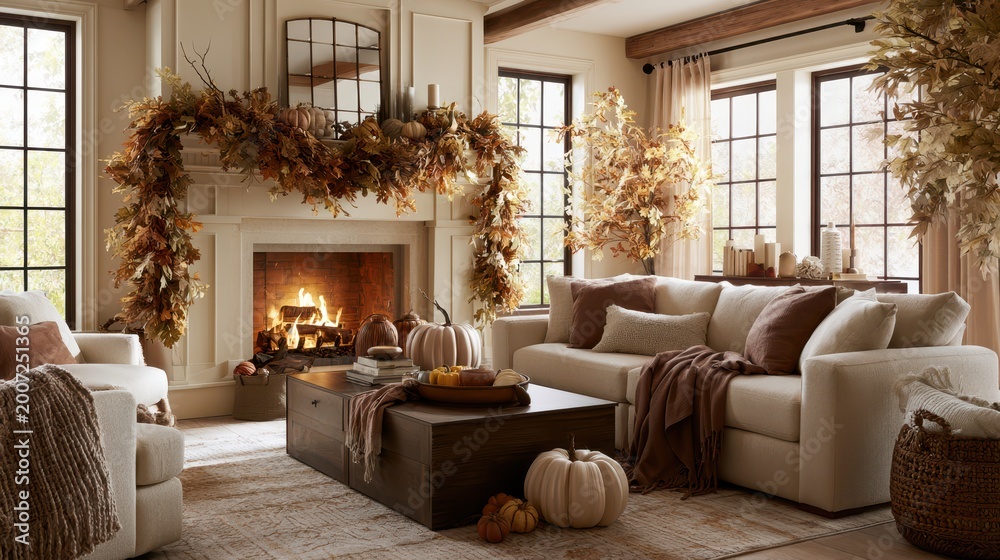 Naklejka premium Cozy autumn living room with fireplace and fall decorations