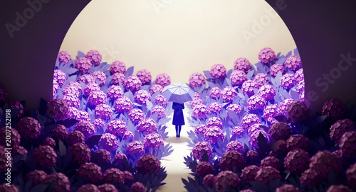 Silhouette of a woman with an umbrella in a purple hydrangea garden. Artistic papercraft illustration with soft lighting and surreal atmosphere. Conceptual art for wellness or mental health.
