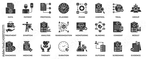 Tableau sur toile Clinical Study icon set collection in glyph style, an icon pack contain group, treatment, symptom, analysis, randomization, monitoring, blinding, consent, result and diagnosis