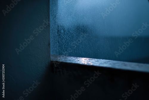 夜の暗い部屋の窓に雨が降る