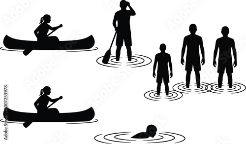 Photos Water activity silhouettes illustration, people canoeing swimming, stylized vect