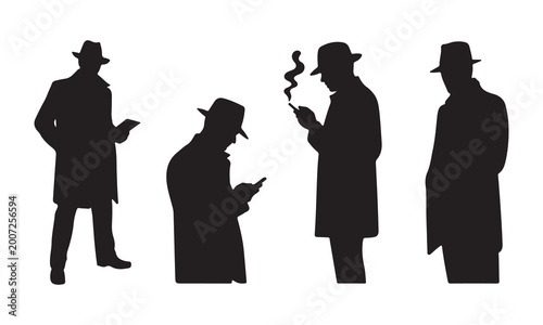 Mysterious Spy Silhouette Collection Featuring Men in Trench Coats and Fedora Hats Using Smartphones and Tablets for Noir Detective Illustration Concepts
