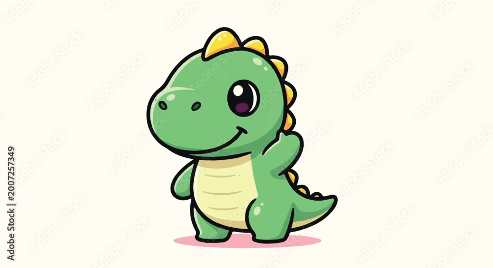 Fototapeta premium Adorable Green Baby Dinosaur Waving Cartoon Vector Illustration.
