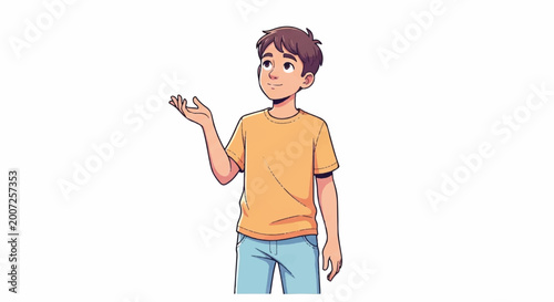 Young boy in an orange t-shirt holding a small object.