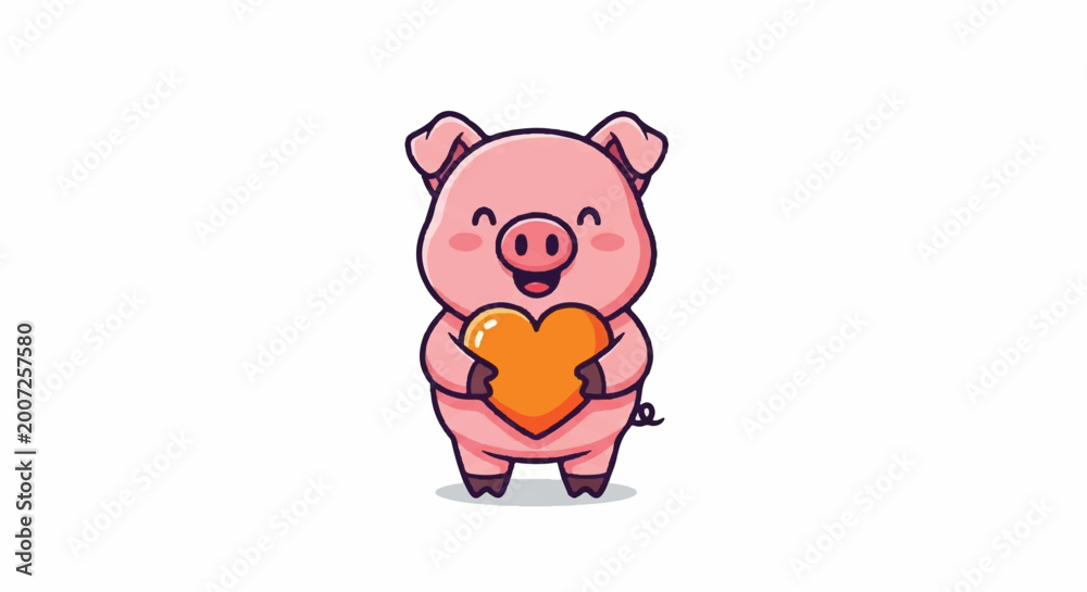 Fototapeta premium Cute cartoon pig holding a big love heart with a happy smile.