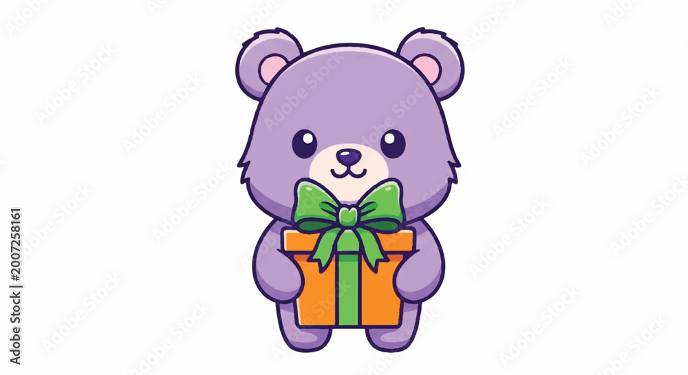 Fototapeta premium Cute purple teddy bear holding a gift box cartoon illustration.