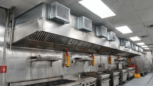 Industrial Kitchen with Stainless Steel Equipment and Ventilation Systems for Professional Cooking Needs