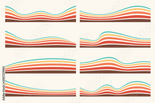 Wavy divider vector shapes. Curved borders and headers with rainbow striped texture for website page design. Separator bottom, simple modern horizontal footer collection