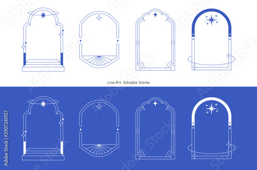 Minimal Magic Arch Frame Line Art Set, Editable Stroke Geometric Window Frames with Star Elements, Modern Boho Portal Outline Collection