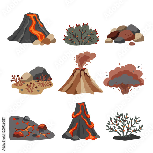 Tableau sur toile Volcanic eruption elements featuring active volcano, lava, smoke, and rocks flat illustration
