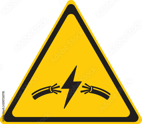 Yellow triangular warning sign for high voltage electricity with a lightning bolt symbol and exposed wires isolated on white background