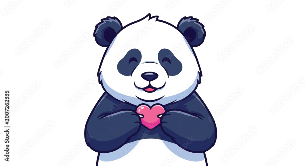 Fototapeta premium Cute cartoon panda bear holding a small pink love heart.