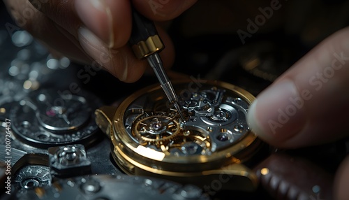 Watchmaker hands calibrating mechanical movement with micro-screwdriver in macro shot for luxury horology brand advertising