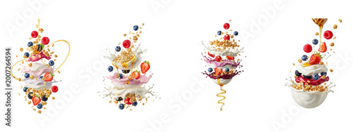 Four Floating Compositions of Yogurt Muesli Honey and Fresh Berries