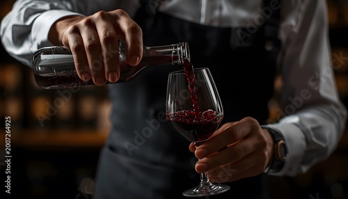 Red wine pouring into a crystal glass held by sommelier hands in moody cellar with sharp focus for premium hospitality advertising