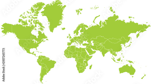 Lime green world map, vector globe, flat earth map, illustration