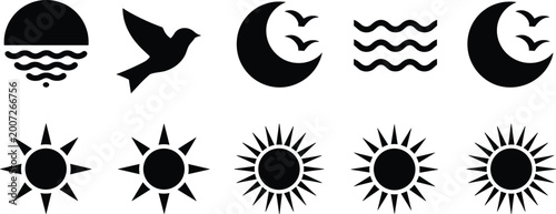 Obraz na plátně Black silhouette icons of celestial bodies and nature elements moon waves