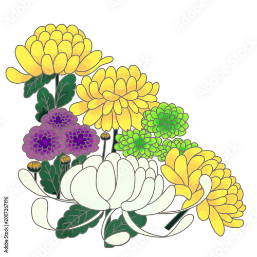 Cute hand-drawn Japanese chrysanthemum bouquet illustration in yellow white purple and green, autumn floral corner clipart on white background