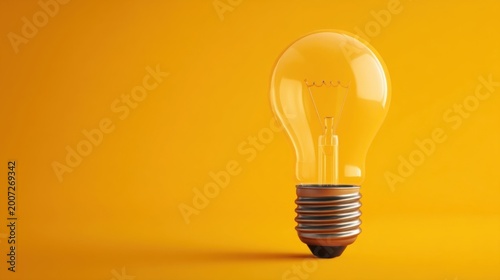 Classic incandescent light bulb with glowing filament on warm yellow background, symbolizing innovation.