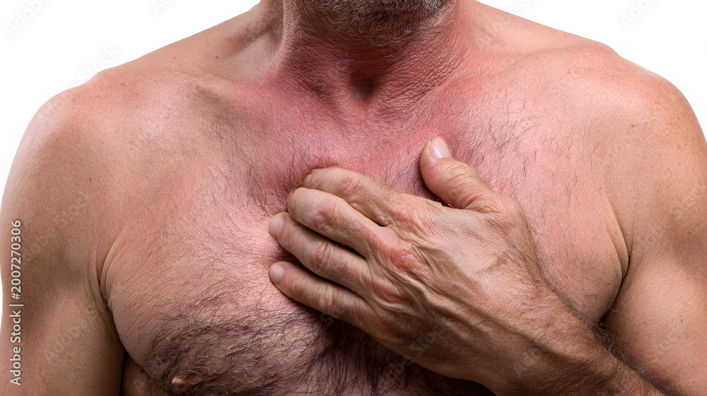 Naklejka premium Man experiencing chest pain holding his heart with a pained expression suffering from rib injury or slipping rib syndrome photorealistic medical illustration