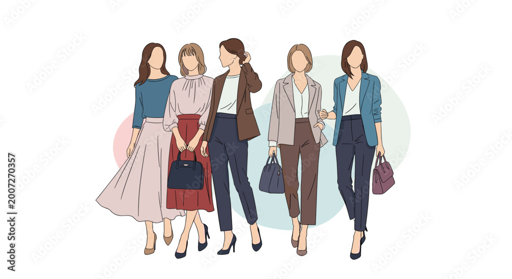 Obraz premium Group of five professional women standing together wearing various stylish business casual outfits and holding handbags.