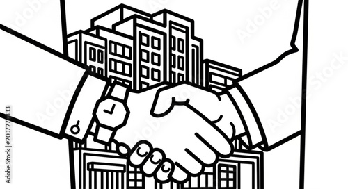 Photos Business Partnership Handshake with Buildings Illustration.