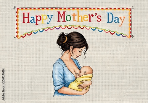 Mother feeding her baby and Happy Mother's Day banner