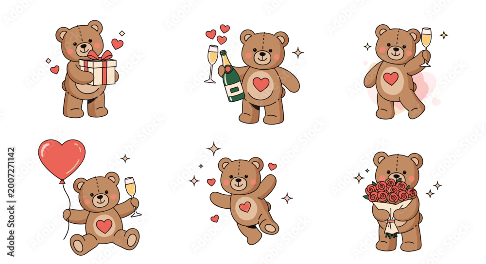 Fototapeta premium Adorable set of six teddy bear illustrations celebrating love and romance with gifts, champagne, and heart balloons.