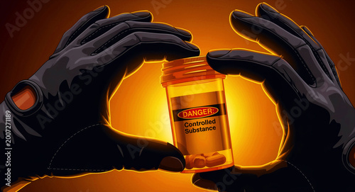 Gloves holding a pill bottle labeled danger controlled substance. Glowing background highlights the illicit or hazardous nature of the medication. Drug trafficking and pharmaceutical crime concept.
