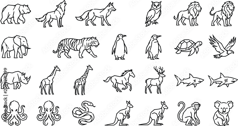 Obraz premium Black and white line art animals collection vector