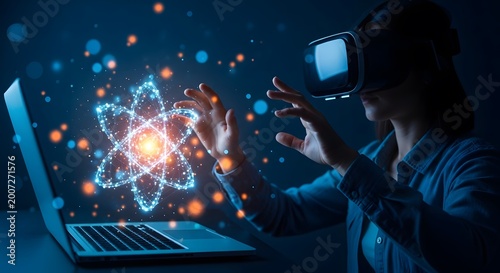 Person wearing vr headset interacting with a digital atom model, augmented reali