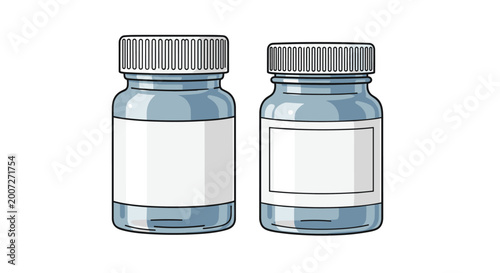 Two medicine or cosmetic jars with white labels and ribbed caps displayed against a white background in a blue tint.