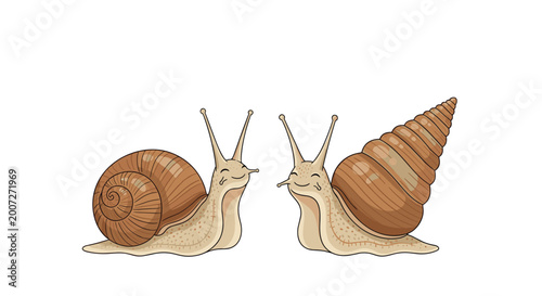 Pair of cute and happy snail characters with different brown shells and friendly faces looking at each other.