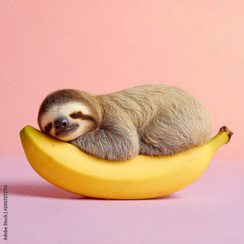 Fototapeta premium Cute sloth sleeping peacefully on top of oversized yellow banana with soft pink background creating calm and cozy scene